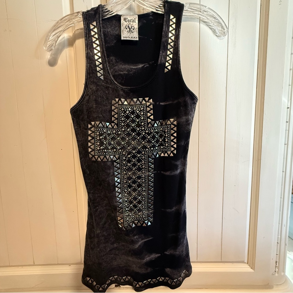 Vocal Black Tank Top with Silver Cross Design